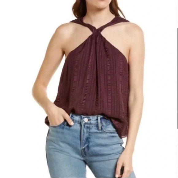 Frame Draped Textured Silk Halter Top In Cabernet - Picture 2 of 7